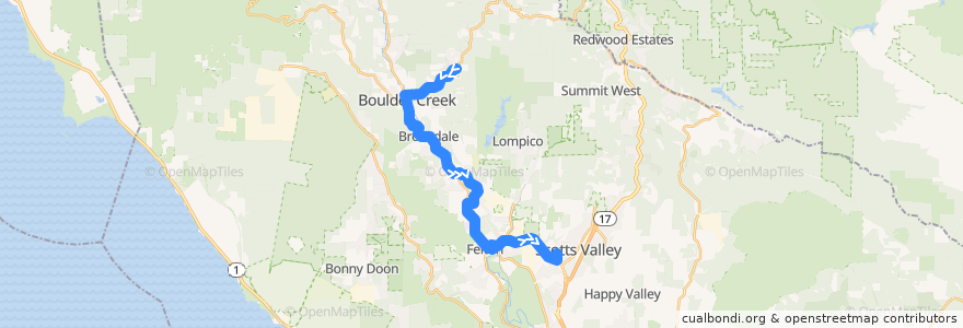 Mapa del recorrido SCMTD 35: Bear Creek Road => Glen Arbor Road => Cavallaro Transit Center (weekday mornings) de la línea  en Santa Cruz County.