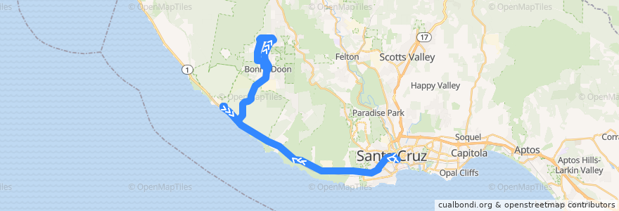 Mapa del recorrido SCMTD 42: Santa Cruz => Santa Cruz High School => Bonny Doon de la línea  en Santa Cruz County.