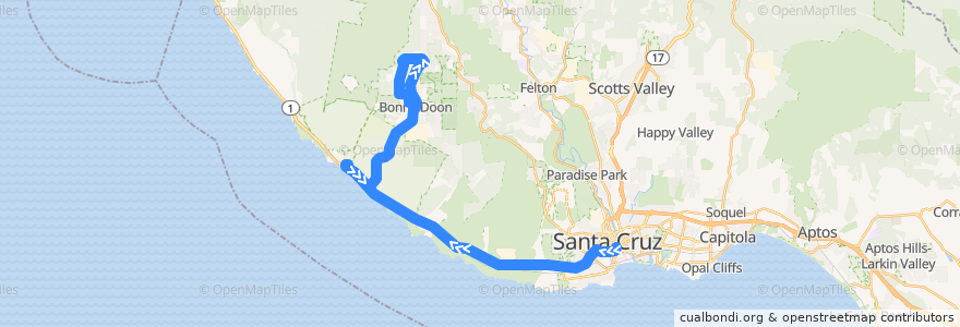 Mapa del recorrido SCMTD 42: Santa Cruz => Bonny Doon de la línea  en Santa Cruz County.