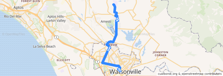 Mapa del recorrido SCMTD 75: Watsonville => Monte Vista School de la línea  en Santa Cruz County.