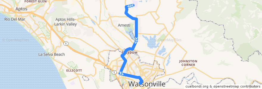 Mapa del recorrido SCMTD 75: Monte Vista School => Watsonville de la línea  en Santa Cruz County.