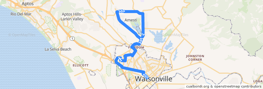 Mapa del recorrido SCMTD 72: Watsonville => Pinto Lake Park de la línea  en Santa Cruz County.