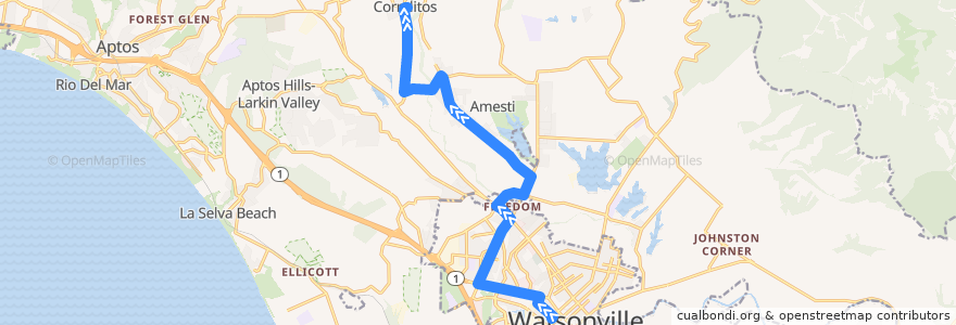 Mapa del recorrido SCMTD 72W: Watsonville => Corralitos de la línea  en Santa Cruz County.