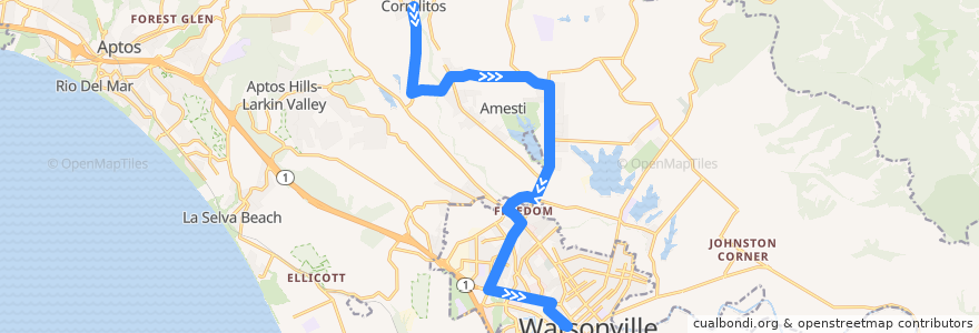 Mapa del recorrido SCMTD 72W: Corralitos => Watsonville de la línea  en Santa Cruz County.