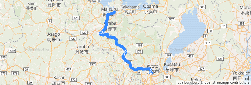 Mapa del recorrido まいづる: 京都 => de la línea  en Kyoto Prefecture.