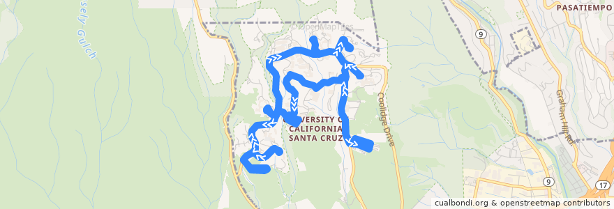 Mapa del recorrido UCSC Night Core Gold Plus Shuttle: Quarry Plaza => West Remote Parking => Science Hill => Quarry Plaza (Clockwise) de la línea  en Santa Cruz.