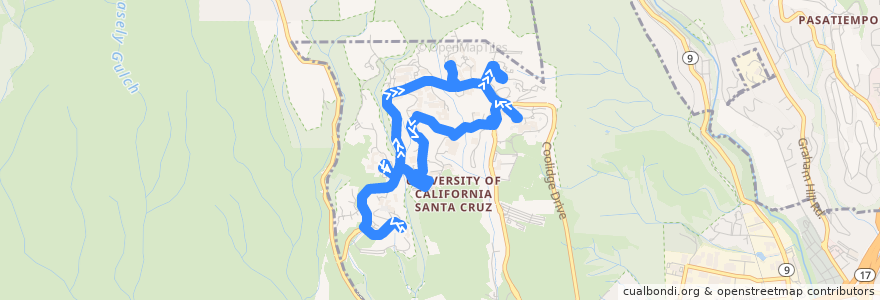 Mapa del recorrido UCSC Night Core Gold Shuttle: Quarry Plaza => Science Hill => Quarry Plaza (Clockwise) de la línea  en Santa Cruz.