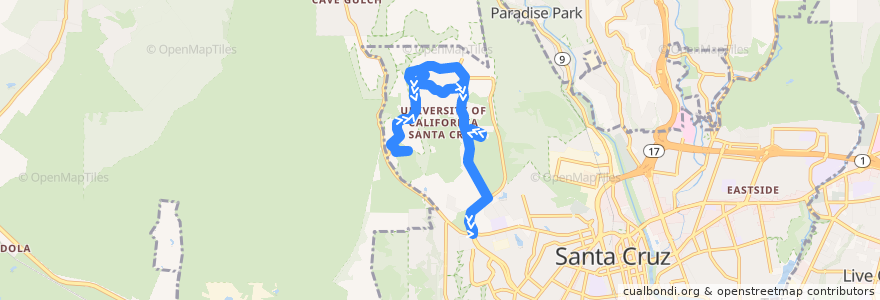 Mapa del recorrido UCSC Night Core Blue Shuttle: Quarry Plaza => West Remote Parking => Quarry Plaza (Counter-Clockwise) de la línea  en Santa Cruz.
