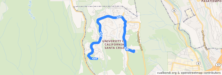 Mapa del recorrido UCSC Upper Campus Shuttle: West Remote Parking => East Remote Parking de la línea  en 圣塔克鲁兹.