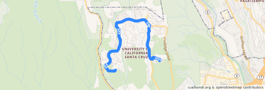 Mapa del recorrido UCSC Upper Campus Shuttle: East Remote Parking => West Remote Parking de la línea  en 圣塔克鲁兹.