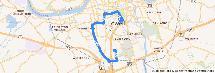 Mapa del recorrido LRTA 4 Kennedy Center - VA Clinic de la línea  en Lowell.