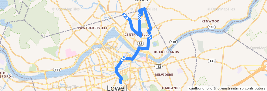 Mapa del recorrido LRTA 1/8 (combined Saturday service) Shop and Save - Kennedy Center de la línea  en Lowell.