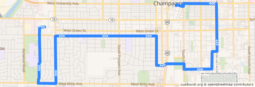 Mapa del recorrido MTD 4E Blue - Weekday Daytime de la línea  en Champaign.