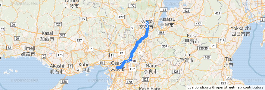 Mapa del recorrido 京阪本線・鴨東線 特急 出町柳-->淀屋橋 de la línea  en 日本.