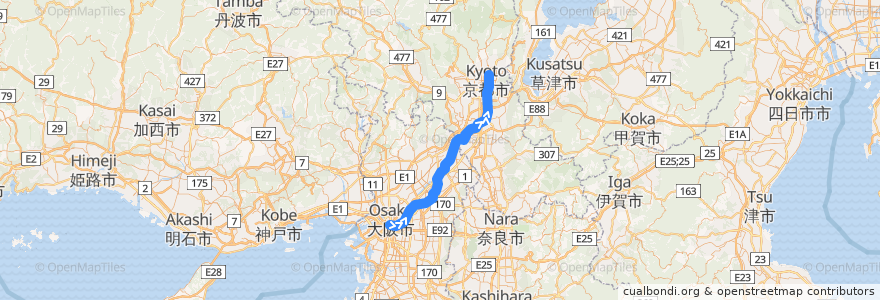 Mapa del recorrido 京阪本線・鴨東線 特急 淀屋橋-->出町柳 de la línea  en Japan.