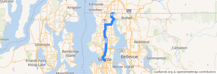 Mapa del recorrido Route 308: Downtown Seattle Via I-5 de la línea  en King County.