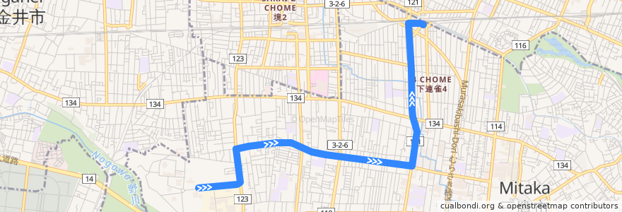 Mapa del recorrido Bus 鷹51 国際基督教大学->三鷹駅 de la línea  en 東京都.