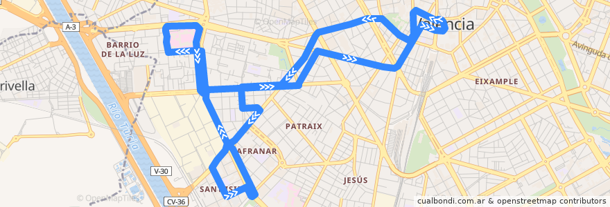 Mapa del recorrido Bus N5: Pl. de l'Ajuntament => Sant Isidre/la Fontsanta de la línea  en Comarca de València.