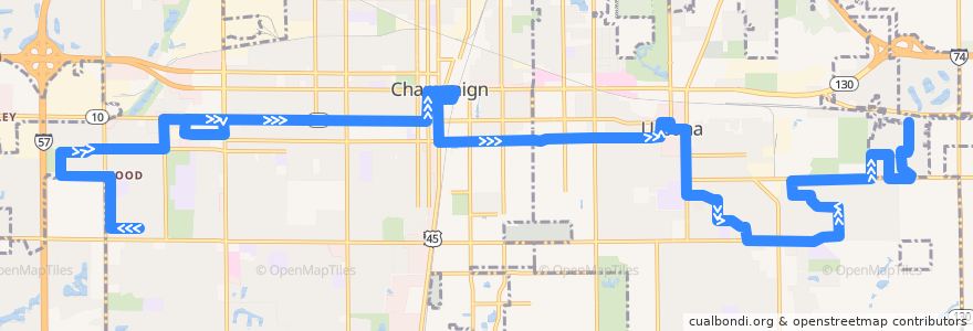 Mapa del recorrido MTD 5E Green Weekday - Daytime PM de la línea  en Champaign County.