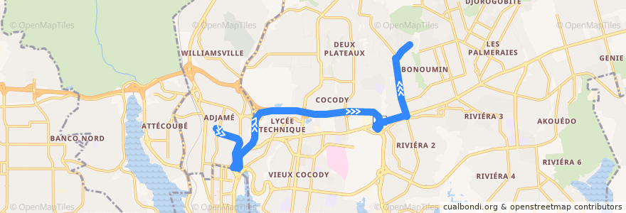 Mapa del recorrido gbaka : Adjamé gare en haut → Cocody Attoban Camp de la línea  en Abidjan.