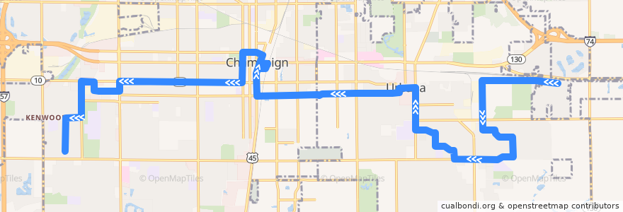 Mapa del recorrido MTD 5W Green Weekday - Daytime PM de la línea  en Champaign County.