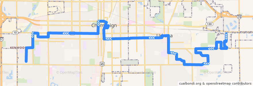 Mapa del recorrido MTD 5W Green Weekday - Daytime AM de la línea  en Champaign County.