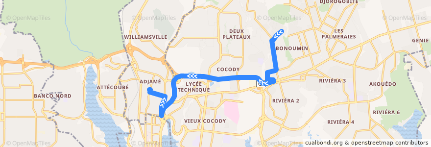 Mapa del recorrido gbaka : Cocody Attoban Camp→ Adjamé gare en haut de la línea  en Cocody.