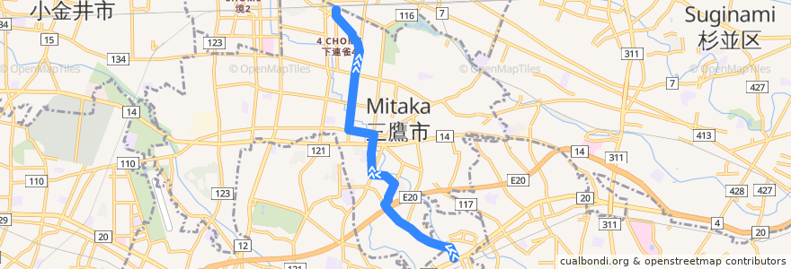 Mapa del recorrido Bus 鷹54 仙川->三鷹駅-> via 南浦・新川団地中央 de la línea  en 東京都.