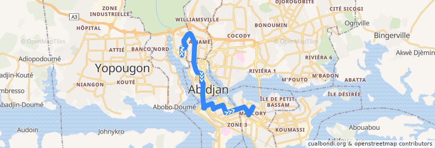 Mapa del recorrido bus 04 : Attécoubé → Gare Marcory de la línea  en Abidjan.