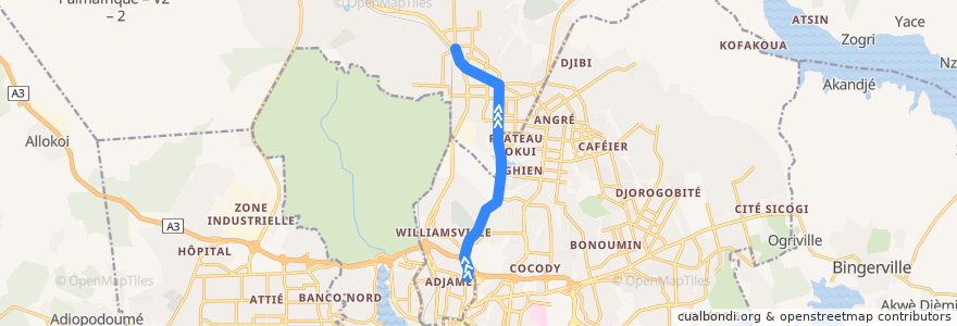 Mapa del recorrido bus 79 : Adjamé Liberté → Gendarmerie Abobo de la línea  en Abidjan.