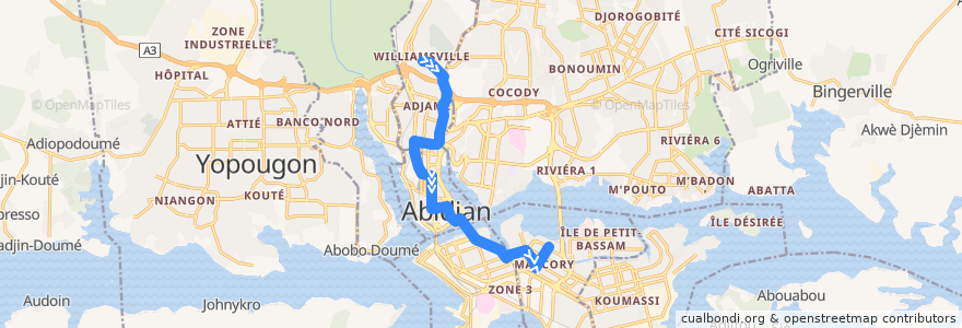 Mapa del recorrido bus 14 : Gare Williamsville → Gare Marcory de la línea  en Abidjan.