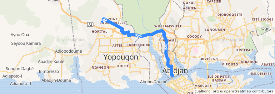 Mapa del recorrido bus 20 : Yopougon Micao → Gare Sud de la línea  en Abidjan.