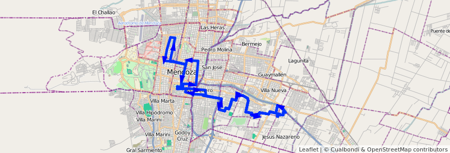 Mapa del recorrido 102 - Bº San Cayetano - 6ª Sección - Casa de Gob. de la línea G08 en Mendoza.