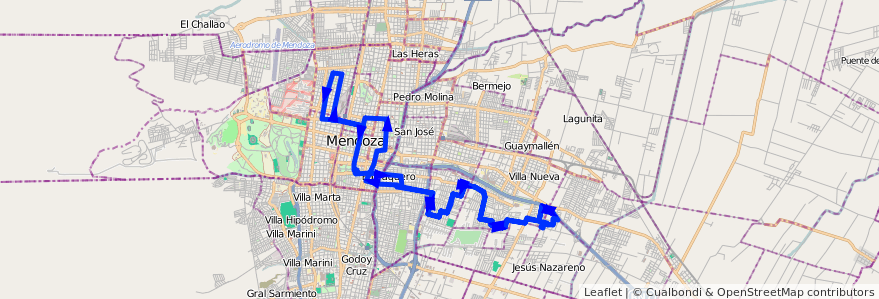 Mapa del recorrido 102 - Bº San Cayetano - 6ª Sección de la línea G08 en Mendoza.