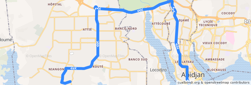 Mapa del recorrido bus 27 : Gare Sud → Niangon Sud à gauche de la línea  en Abidjan.