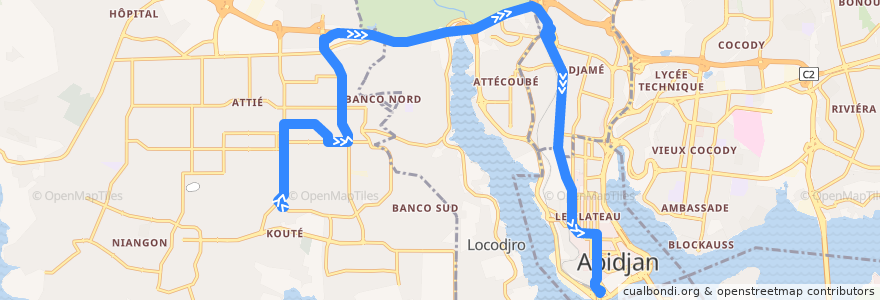 Mapa del recorrido bus 30 : Yopougon Kouté → Gare Sud de la línea  en أبيدجان.