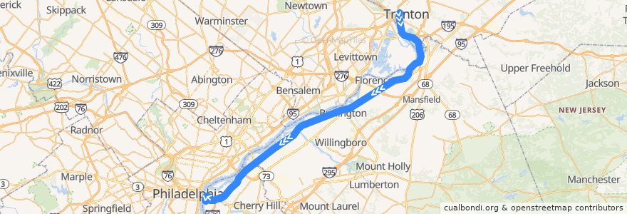 Mapa del recorrido River Line: Trenton → Camden de la línea  en Nova Jérsei.