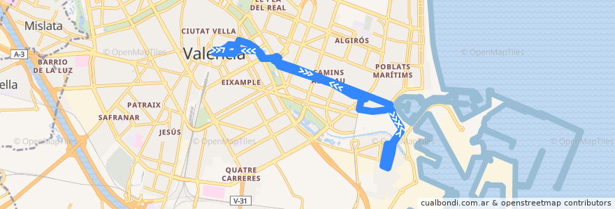 Mapa del recorrido Bus N8: Pl. de l'Ajuntament => Av. Port/Natzaret de la línea  en Comarca de València.