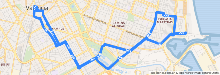 Mapa del recorrido Bus N9: Pl. de l'Ajuntament => Mont-Olivet/Cabanyal de la línea  en Comarca de València.