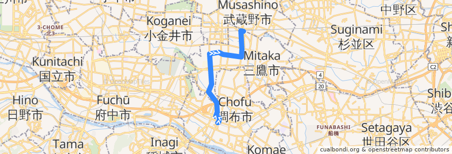 Mapa del recorrido Bus 鷹51 調布駅北口->三鷹駅 de la línea  en 東京都.