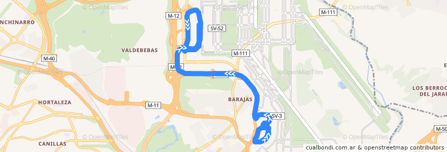 Mapa del recorrido Bus tránsito lanzadera T1 → T4 de la línea  en Madrid.