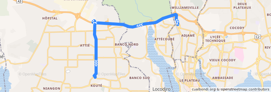 Mapa del recorrido bus 43 : Gare Nord → Yopougon Kouté de la línea  en Abidjan.