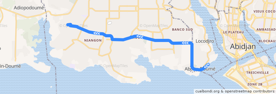 Mapa del recorrido bus 44 : Abobo Doumé → Yopougon Cité Verte de la línea  en Yopougon.