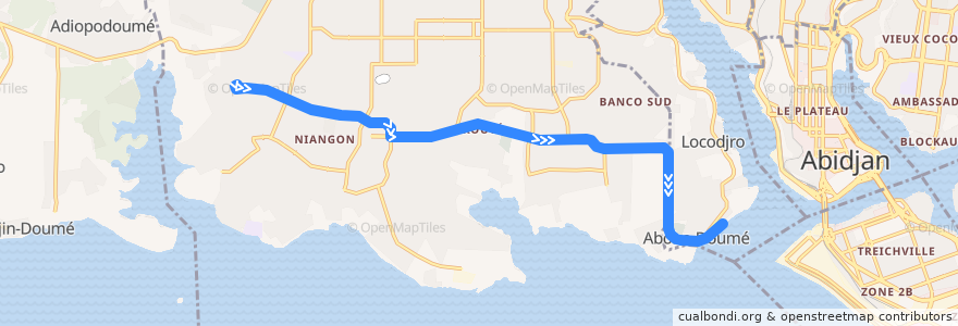 Mapa del recorrido bus 44 : Yopougon Cité Verte → Abobo Doumé de la línea  en Yopougon.