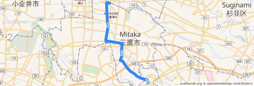 Mapa del recorrido Bus 鷹54 仙川->三鷹駅 de la línea  en 東京都.