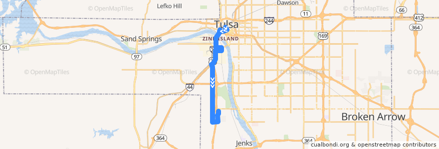 Mapa del recorrido Union/Southwest Boulevard de la línea  en Tulsa.