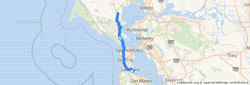 Mapa del recorrido Marin AirPorter: SFO Airport => Novato de la línea  en Kaliforniya.