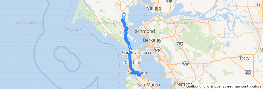 Mapa del recorrido Marin AirPorter: Novato => SFO Airport de la línea  en 加利福尼亚州/加利福尼亞州.