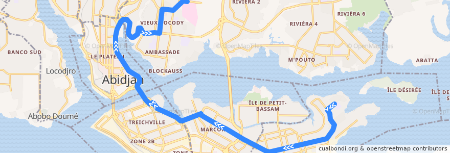 Mapa del recorrido bus 56 : Koumassi Nord-Est → Cocody CHU de la línea  en Abidjan.