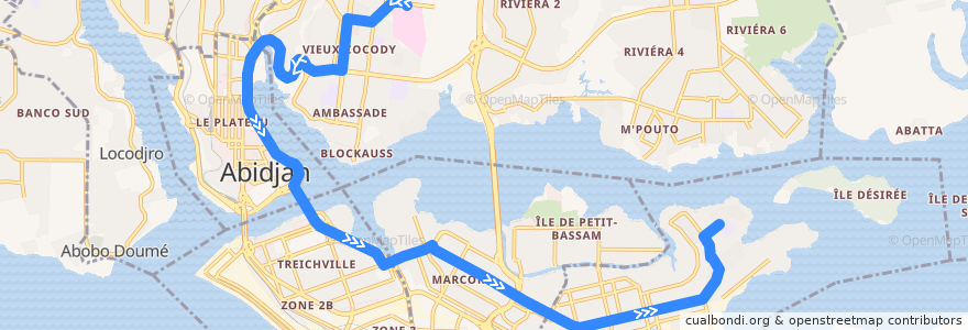 Mapa del recorrido bus 56 : Cocody CHU → Koumassi Nord-Est de la línea  en Abidjan.